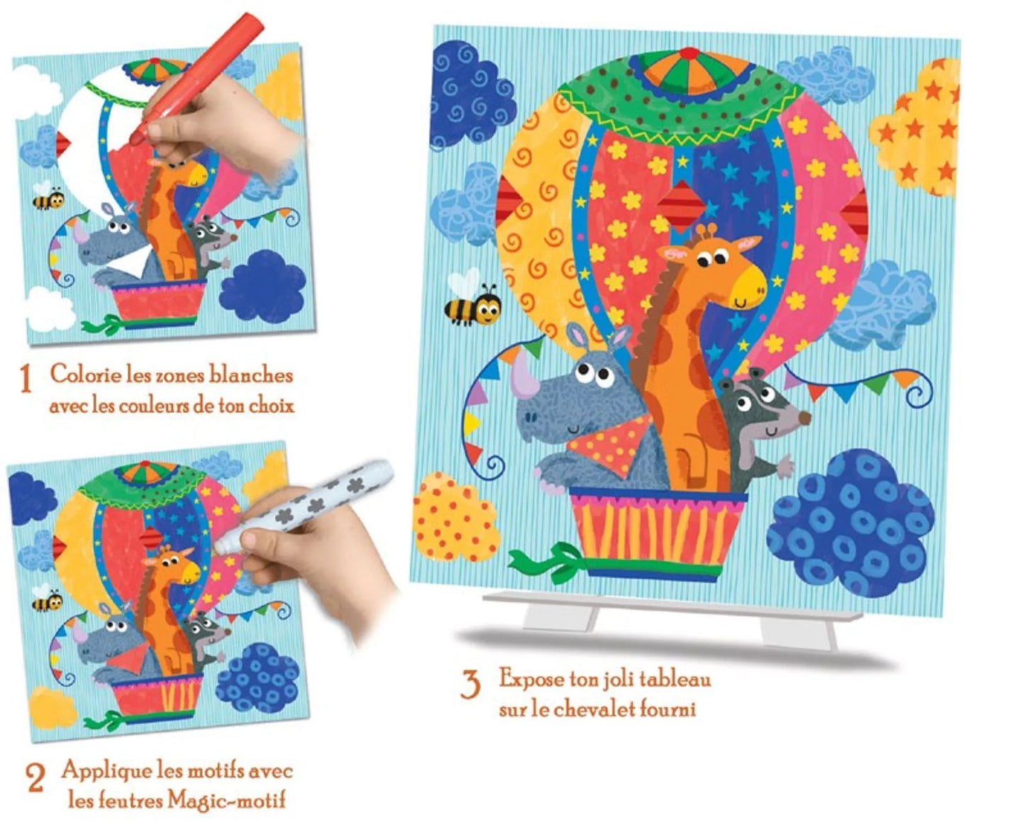 Exemples de cartes colorées du coffret Les Exploracolo, avec effets magiques et motifs créatifs avec des explications