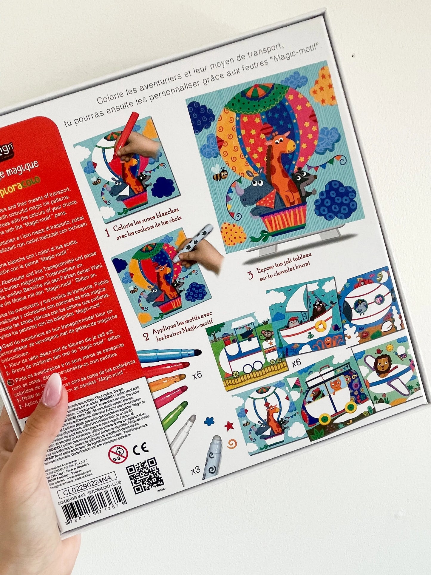 Dos du coffret de coloriage magique Les Exploracolo avec description du contenu et visuels explicatifs