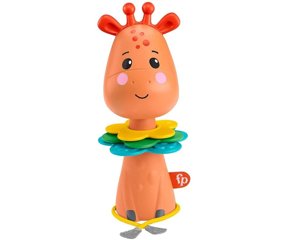 Girafe rigolote Fisher-Price hors emballage, jouet coloré d’éveil bébé avec tête sur fond blanc