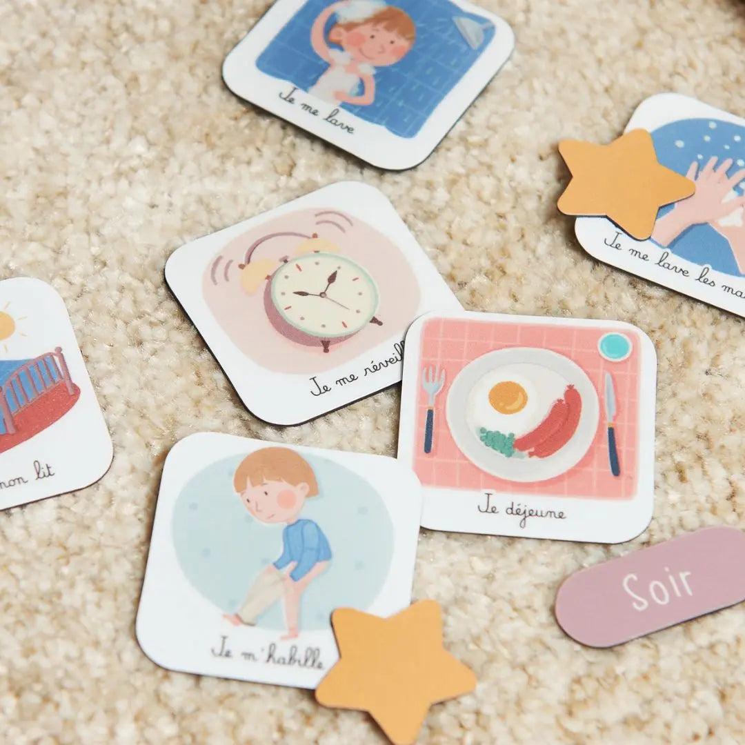 ensemble de magnets de routine illustrés sur moquette – activités du matin et du soir – visuel éducatif enfant –