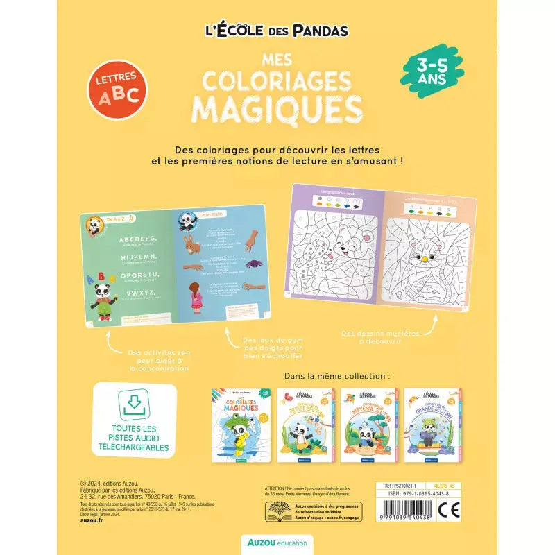 Le dos du livre mes coloirages magique sur les lettres. Qui montre l'intérieur du livre et les collections qui existe. Coloriage pour les 3-5 ans