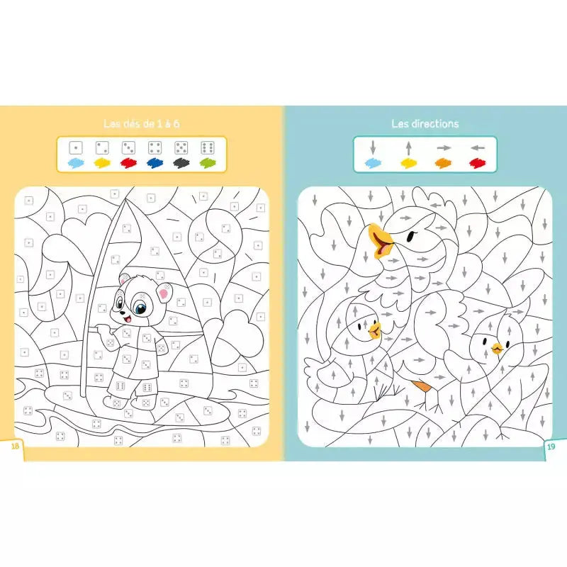 Intérieur du livre mes coloriages magiques. L'école des panda. Coloriages sur les dés et les directions.