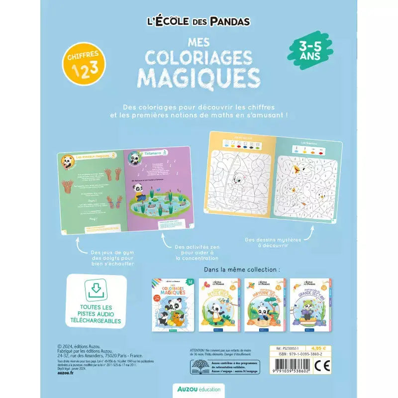 Dos sur le coloriage magique sur les chiffres. Qui montre des images et les livres de la même collection de l'école des panda.