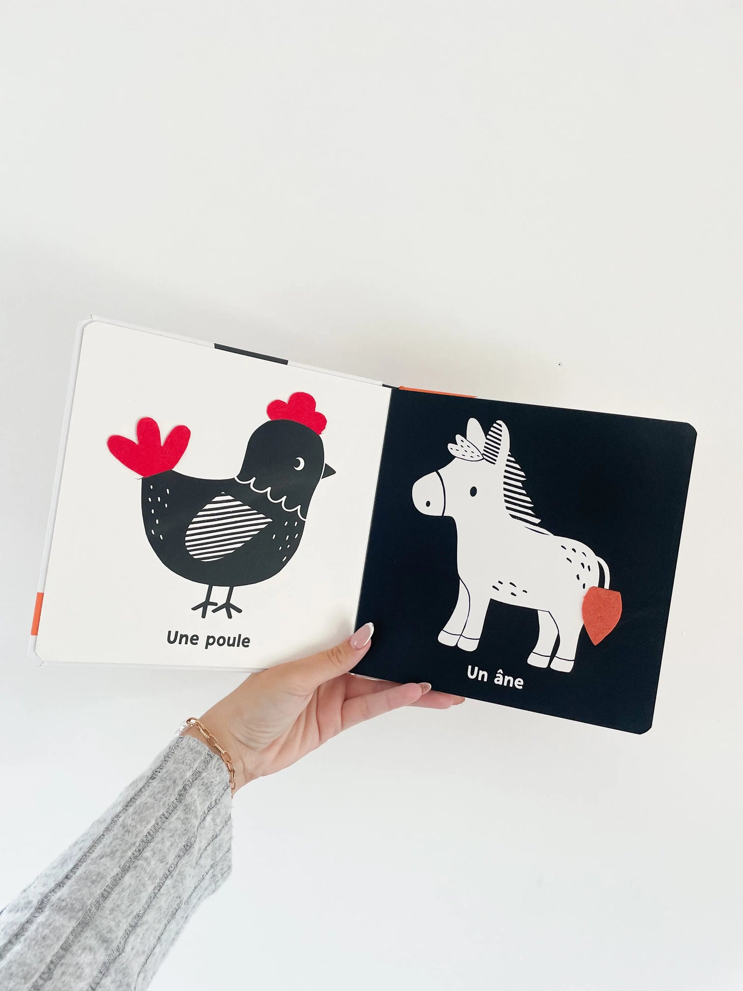 ivre noir et blanc bébé -Mes premiers flaps. Page intérieur du livre avec une poule et un âne