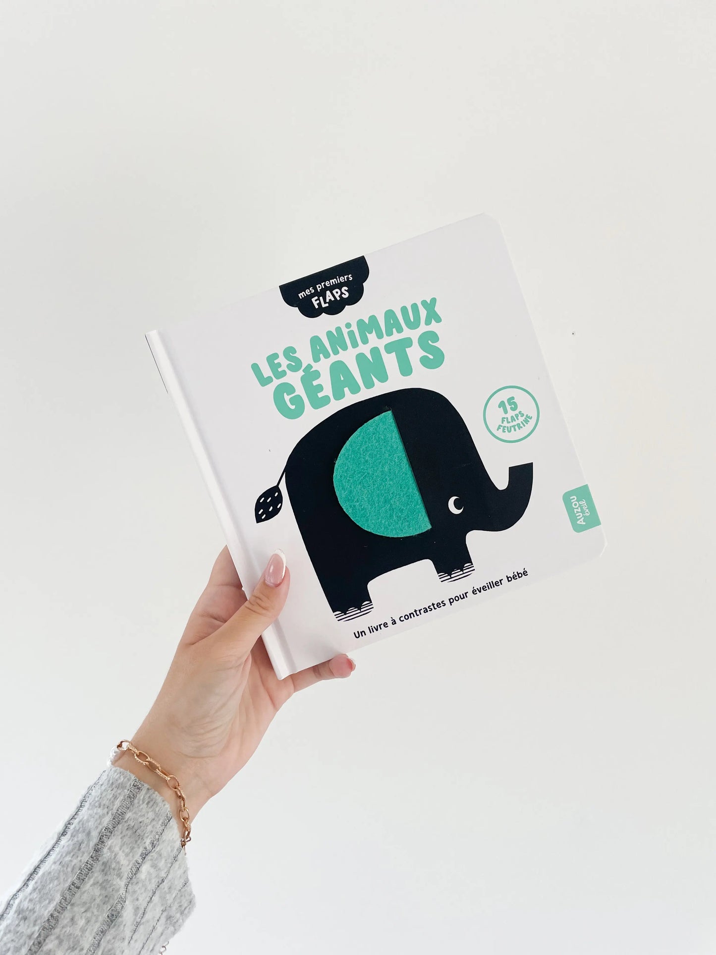 Livre noir et blanc bébé. Mes premiers flaps - Les animaux géants pour bébé. Livre dans la main sur fond blanc.