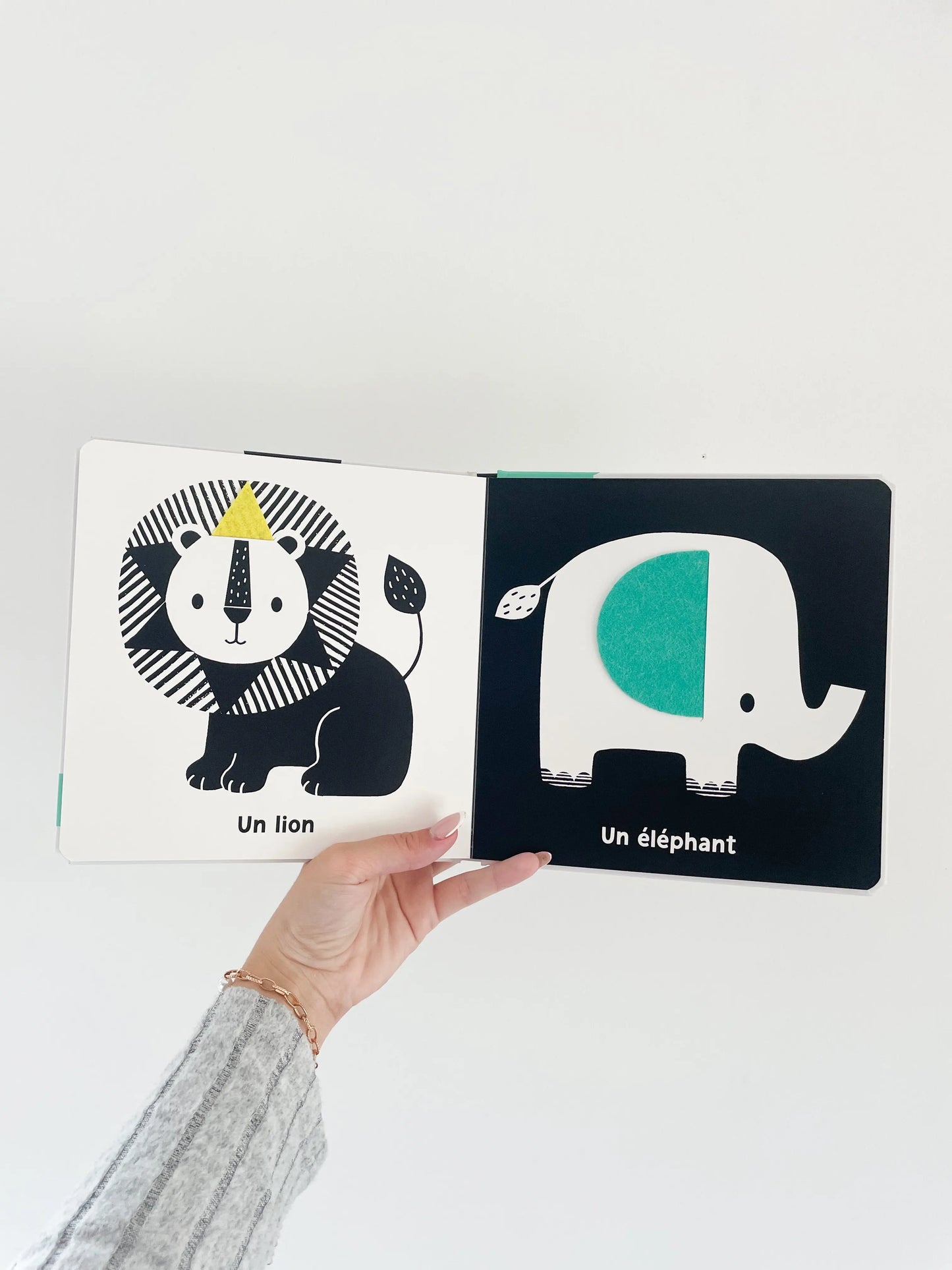Livre noir et blanc bébé sur les animaux géant. Page intérieur. Lion et éléphant. Livre pour nouveau né.