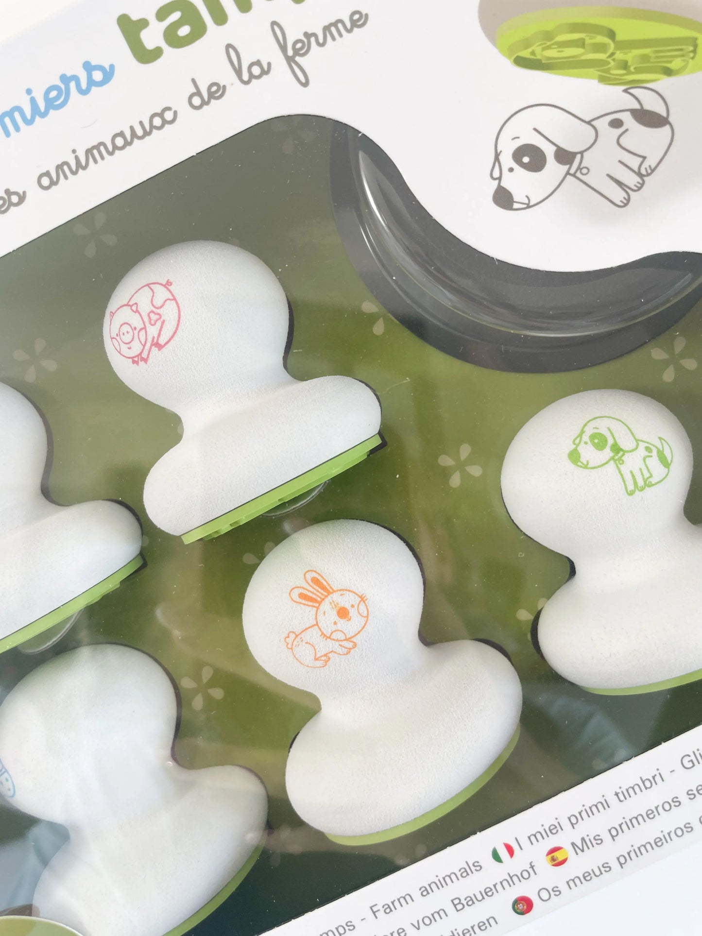 Vue de face et zoom du coffret Mes premiers tampons pour bébé avec animaux de la ferme