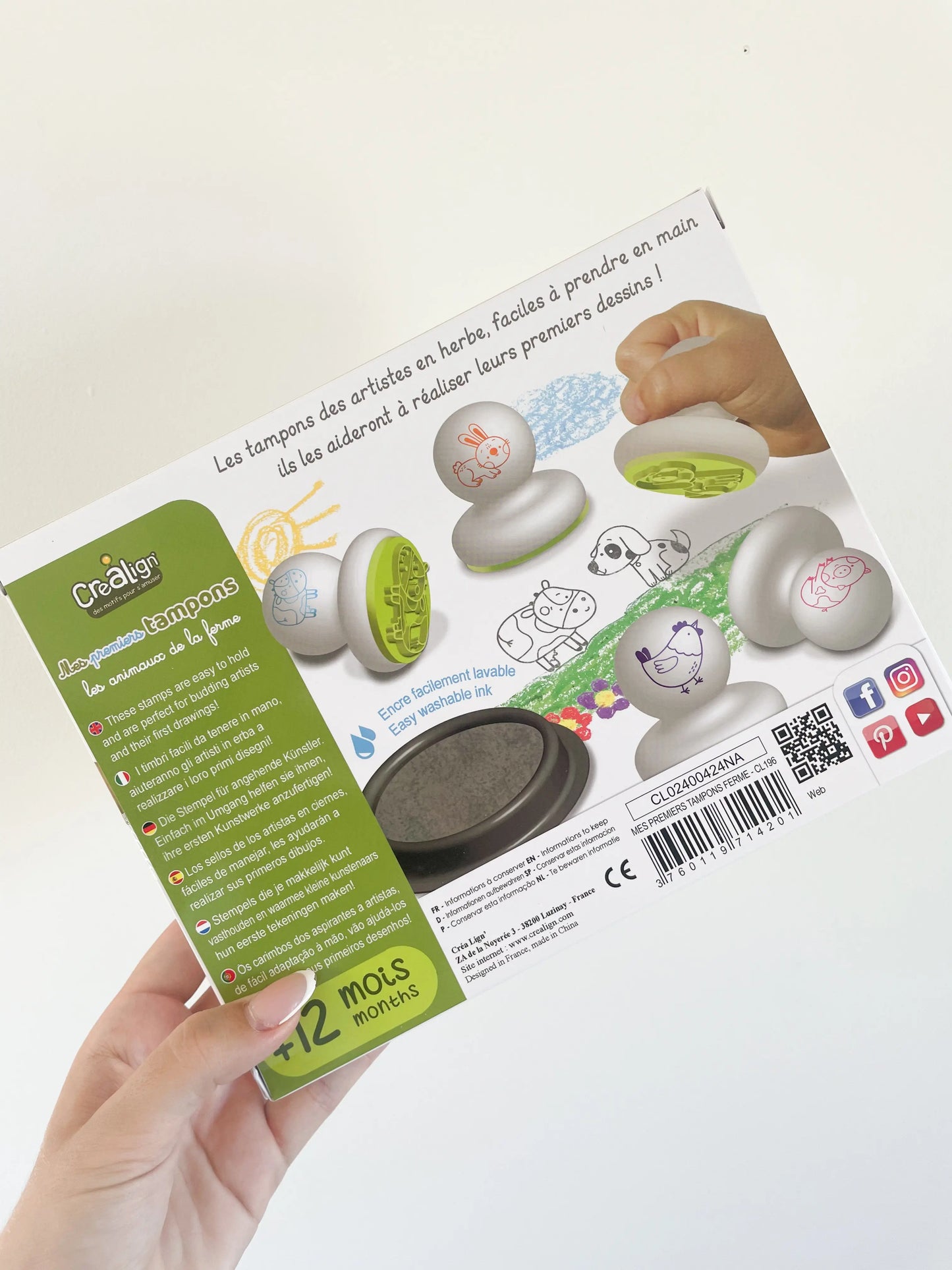 Dos du coffret Mes premiers tampons animaux de la ferme avec description et visuels