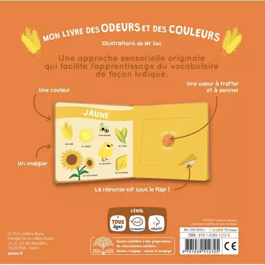 Mon livre des odeurs et des couleurs - La ferme. Le dos du livre avec un descriptif, un imagier, une couleur et une odeur.