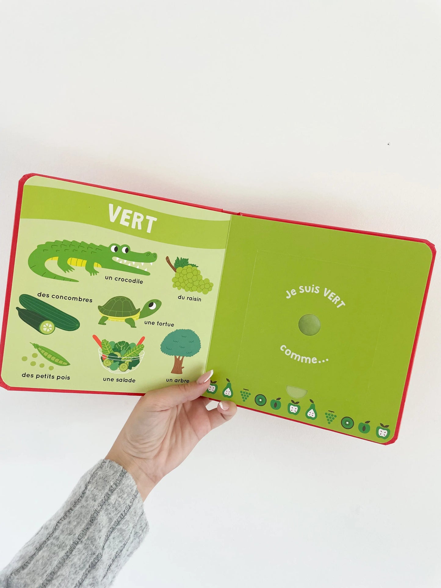 Mon livre des odeurs et des couleurs - Les fruits. Pages intérieur du livre sur la couleur verte. Dès 1an.