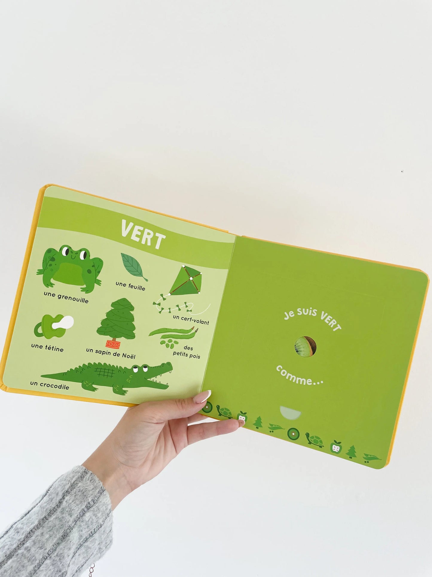 Mon livre des odeurs et des couleurs - Mes premières odeurs, page intérieur du livre sur le vert avec imagier. Dès 1 an