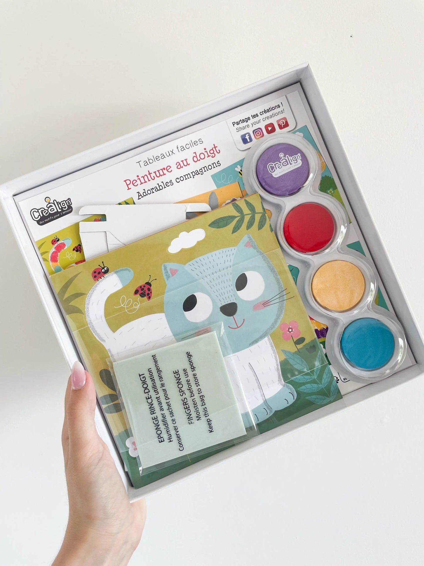 Contenu du coffret peinture au doigt Crealign avec peinture, planches et chevalet