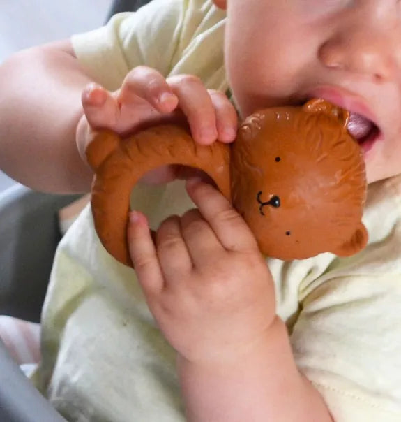 Anneau de dentition ours tenu des deux mains par un bébé mis a la bouche – mise en situation