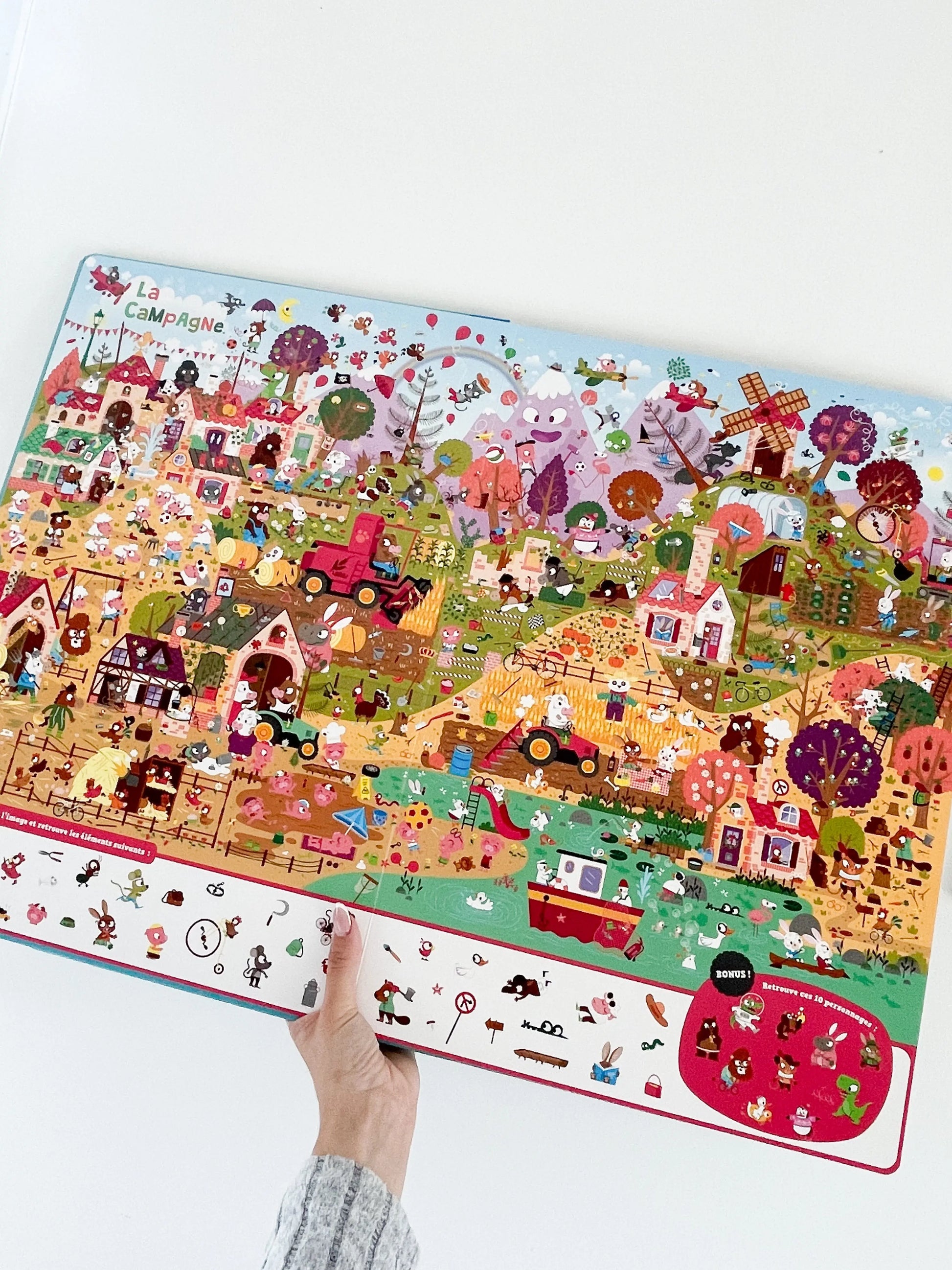 livre CHERCHE ET TROUVE GEANT - LES ANIMAUX DU MONDE pour enfant 3-6 ans. Page intérieur la campagne. Pleins de détails