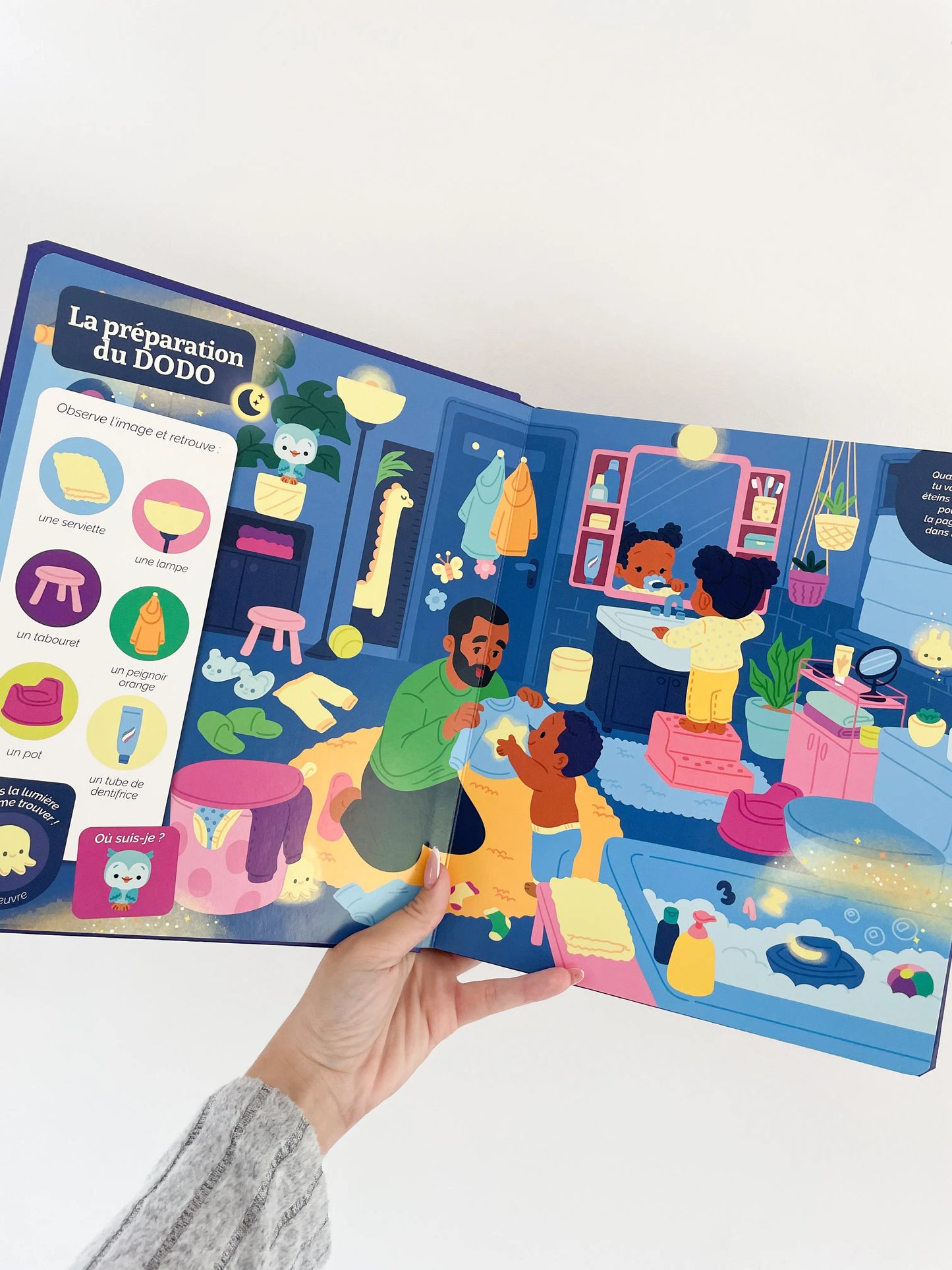 Cherche et trouve des tout petits - Au dodo dès 1 an. Page intérieur du livre, la preparation au dodo. 