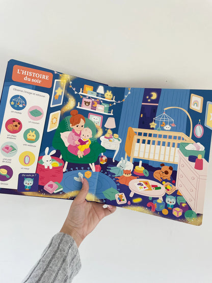 Livre pour bébé Cherche et trouve des tout petits - Au dodo. Page intérieur du livre, l'histoire du soir.