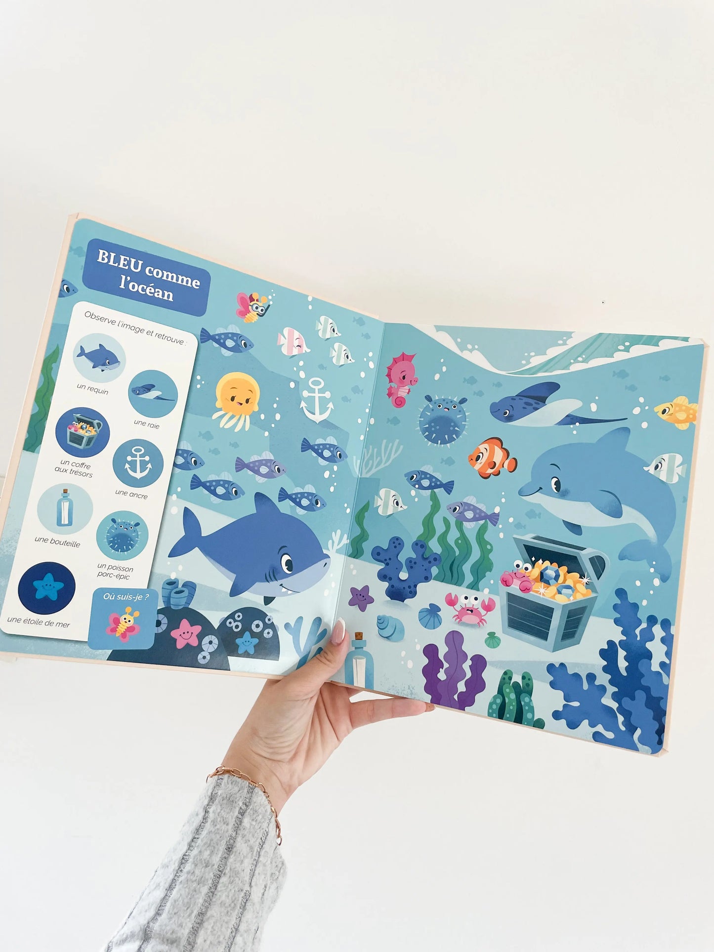 Livre ouvert cherche et trouve des tout petits - Les couleurs. Page intérieur du livre sur le thème bleu comme l'océan. 