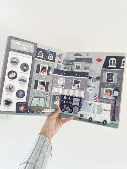 Livre Cherche et trouve des tout petits - Les couleurs. Page intérieur du livre gris comme la ville. Pour les bébés dès 1 an