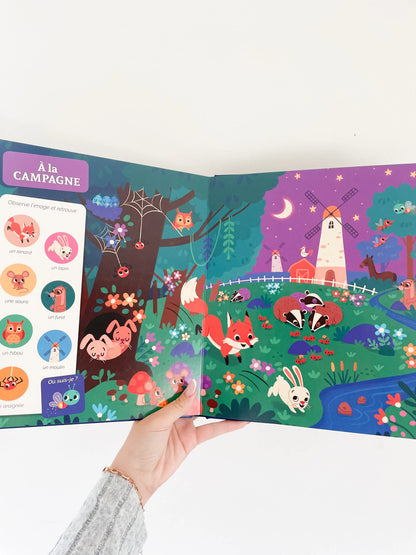 Livre Cherche et trouve des tout petits - Qui brille dans la nuit. Page intérieur à la campagne avec de jolie élément a retrouver dès 1an
