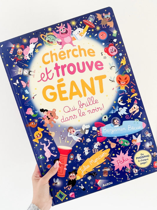 Livre Cherche et trouve geant pour enfant - Qui brille dans le noir ! pour enfant 3-6 ans. Page de couverture 