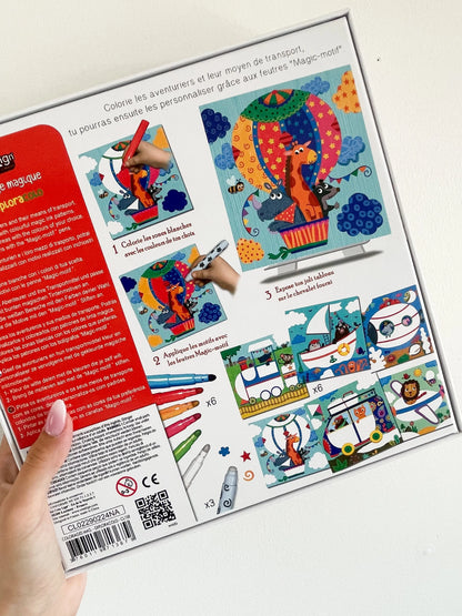 Dos du coffret de coloriage magique Les Exploracolo avec description du contenu et visuels explicatifs
