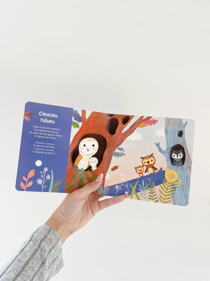 Livre sonore - Mes premières berceuses pour bébé. Livre musical, page intérieur, coucou hibou.