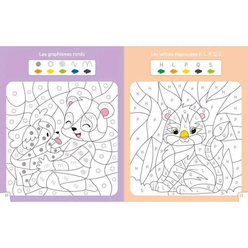 Intérieur du livre des coloriages magiques des panda pour les enfants de 3-5 ans. Exemple de coloriage avec des lettres majuscules et graphismes.