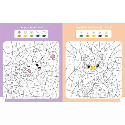 Intérieur du livre des coloriages magiques des panda pour les enfants de 3-5 ans. Exemple de coloriage avec des lettres majuscules et graphismes.