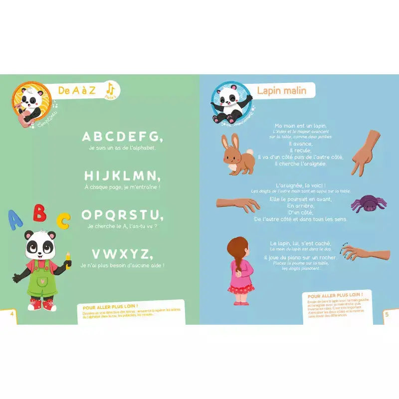 Intérieur du livre mes coloriages magique - l'école des panda. Page intérieur pour allez plus loin, exercice sur les lettres.