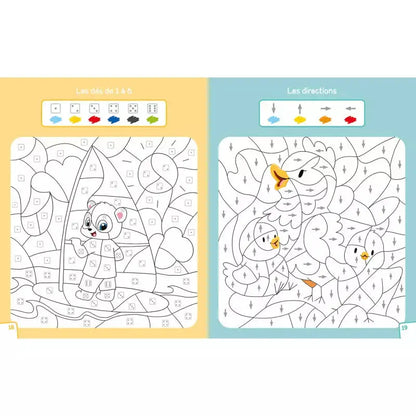 Intérieur du livre mes coloriages magiques. L'école des panda. Coloriages sur les dés et les directions.