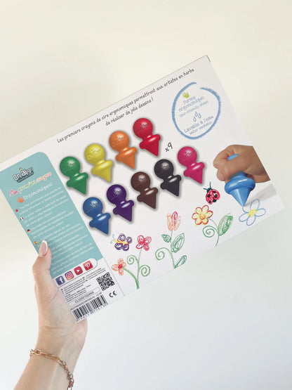 Dos du coffret mes premiers crayons x9 montrant les couleurs des crayons de cire. Sur fond blanc