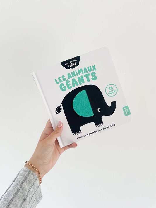 Livre noir et blanc bébé. Mes premiers flaps - Les animaux géants pour bébé. Livre dans la main sur fond blanc.