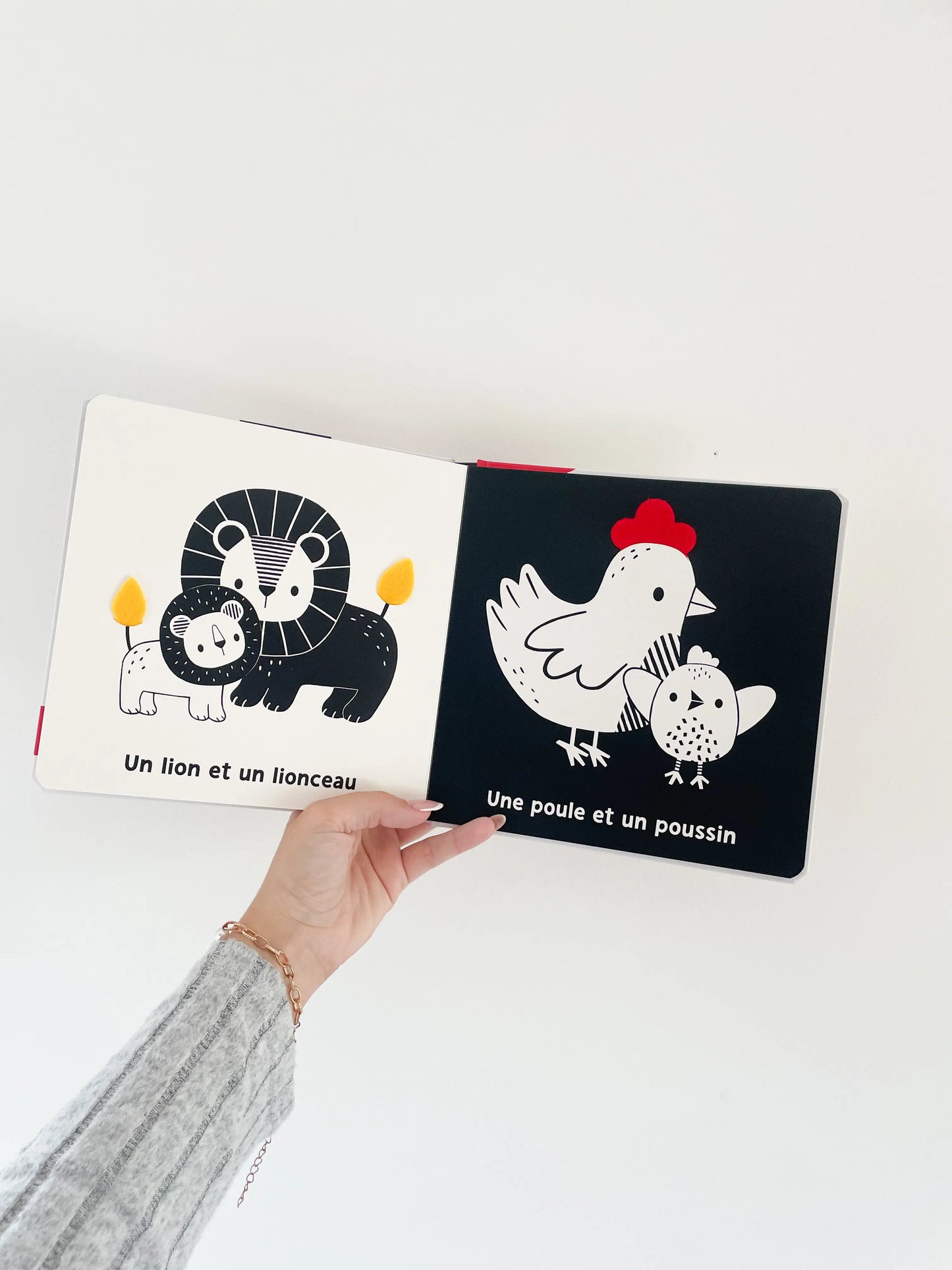 Livre noir et blanc bébé. Mes premiers flaps - Les bébés animaux, page intérieur du livre poule et lion.