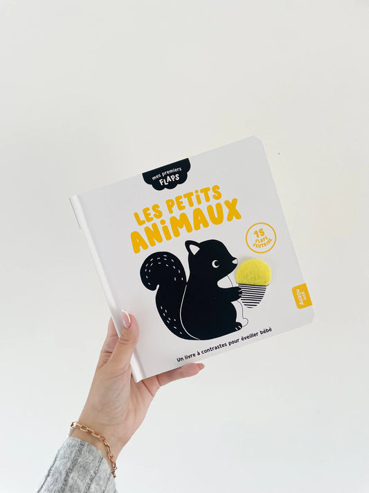 Livre noir et blanc bébé. Mes premiers flaps - Les petits animaux pour nouveau né. Page de couverture avec écureuil. Livre dans la main sur un fond blanc.