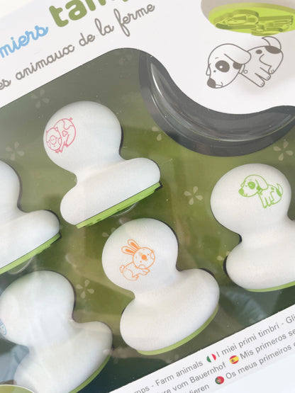 Vue de face  et zoom du coffret Mes premiers tampons pour bébé avec animaux de la ferme