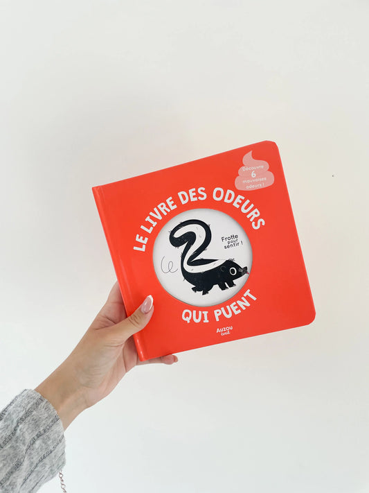 Mon livre des odeurs - Qui puent. Livre des odeurs qui puent dès 12 mois. Page de couverture livre des odeurs.
